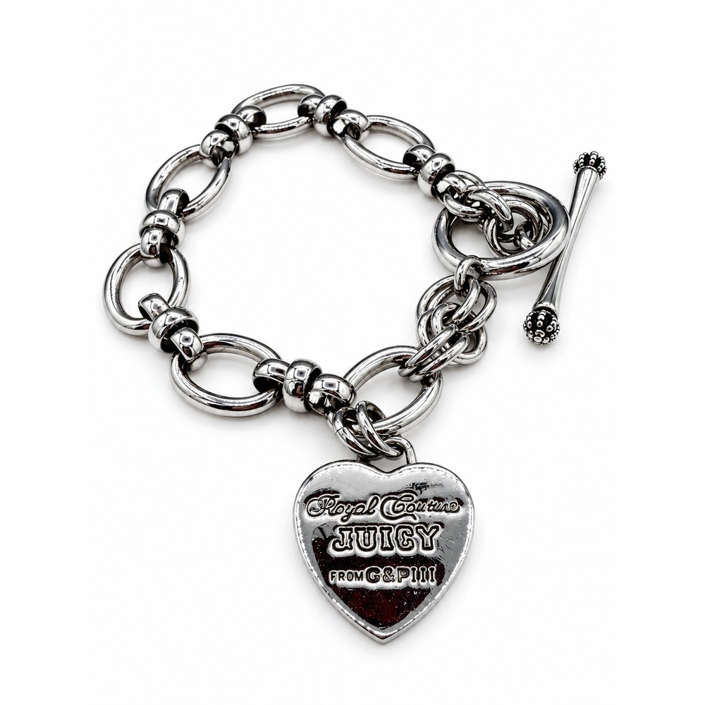 Vintage Juicy Couture Silver Tone Royal Couture Heart Charm Toggle Bracelet 7"